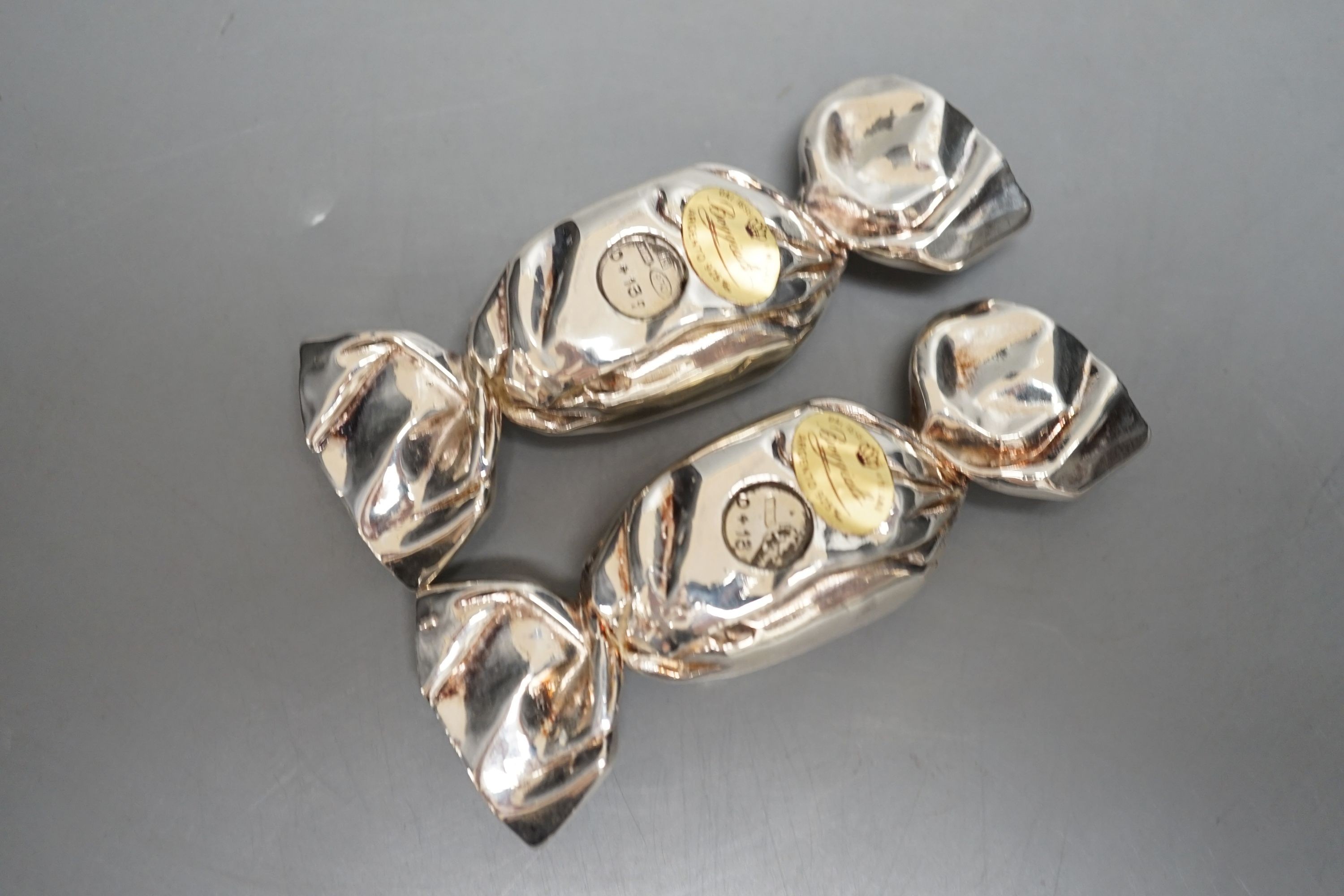 Two modern Italian Boggiali novelty white metal 'sweets', both inscribed Ambrofoli, in box with certificates.